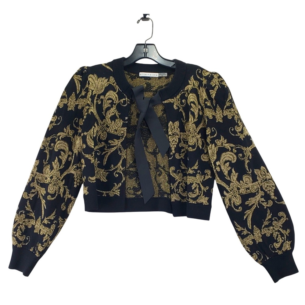 Alice + Olivia Bow Puff Sleeve Jacquard  Wool Cardigan Womens M Black Gold